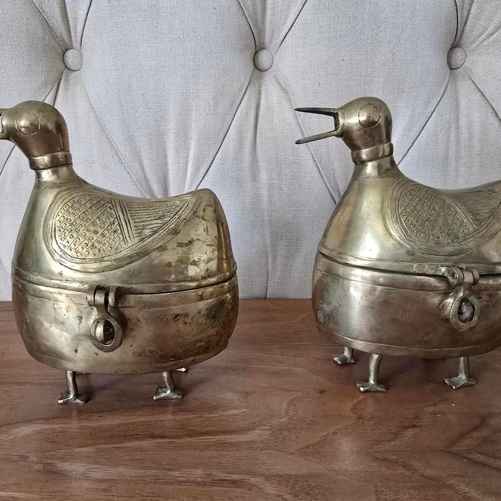 Pair of vintage Dhokra brass quacking duck hinged decorative boxes